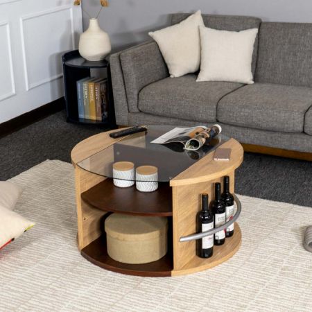 A tárolóhely két szinten található, középen vintage diófa furnérral, így a rekesz bal és jobb oldala is eltávolítható. Az oldalsó rész a borosüveg helyére helyezhető.